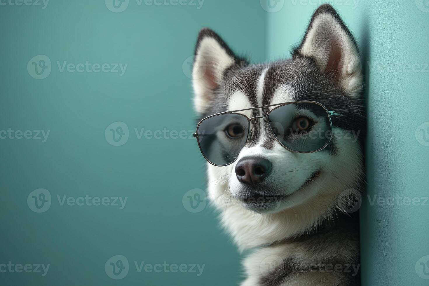 Smiling husky dog wearing red sunglasses on turquoise background photo