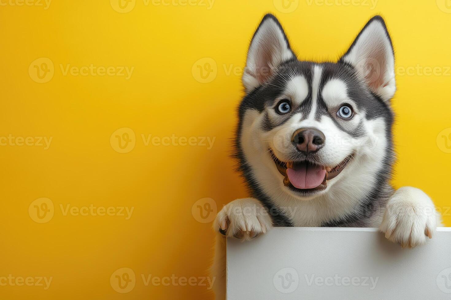 Cute husky puppy looking with paws on white surface and yellow background photo
