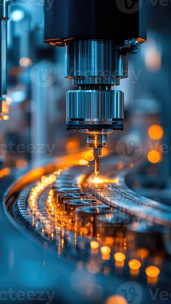 Metalworking cnc milling machine cutting metal workpiece creating sparks in factory photo