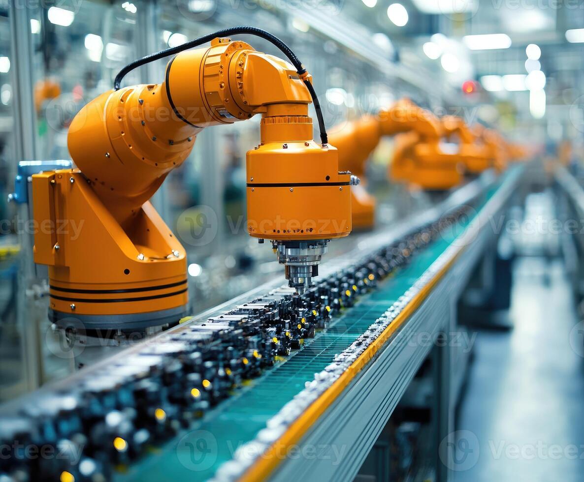 Robotic arms working on assembly line in modern factory photo