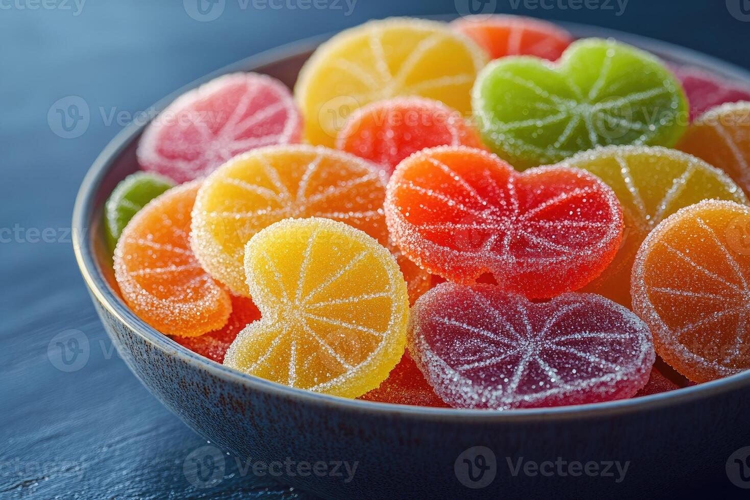 Colorful citrus shaped marmalade candies covered in sugar filling a glass bowl photo