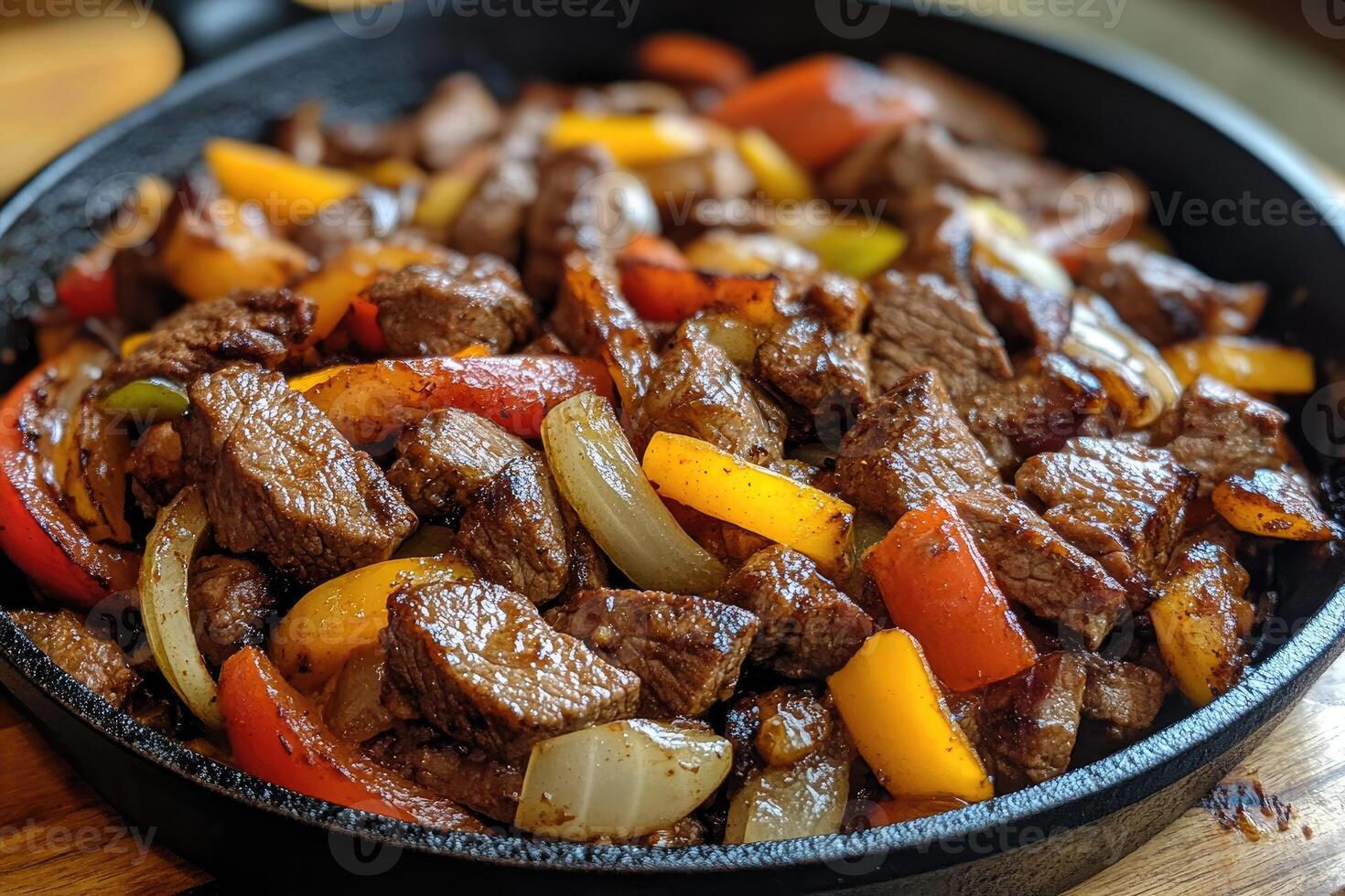 Delicious grilled beef fajitas with peppers and onions served in cast iron skillet photo
