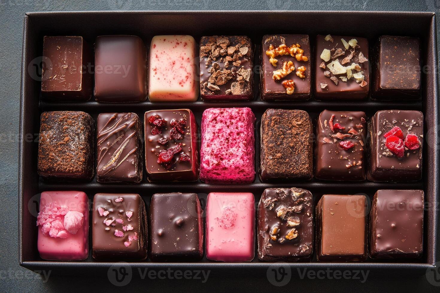 Box of assorted gourmet chocolates displaying delicious variety photo
