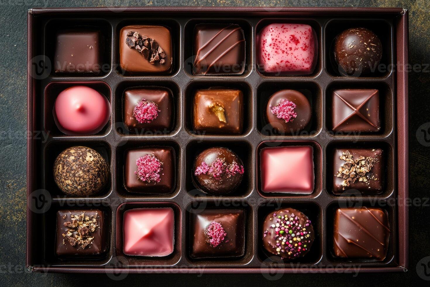 Box of assorted gourmet chocolates displaying variety of flavors photo