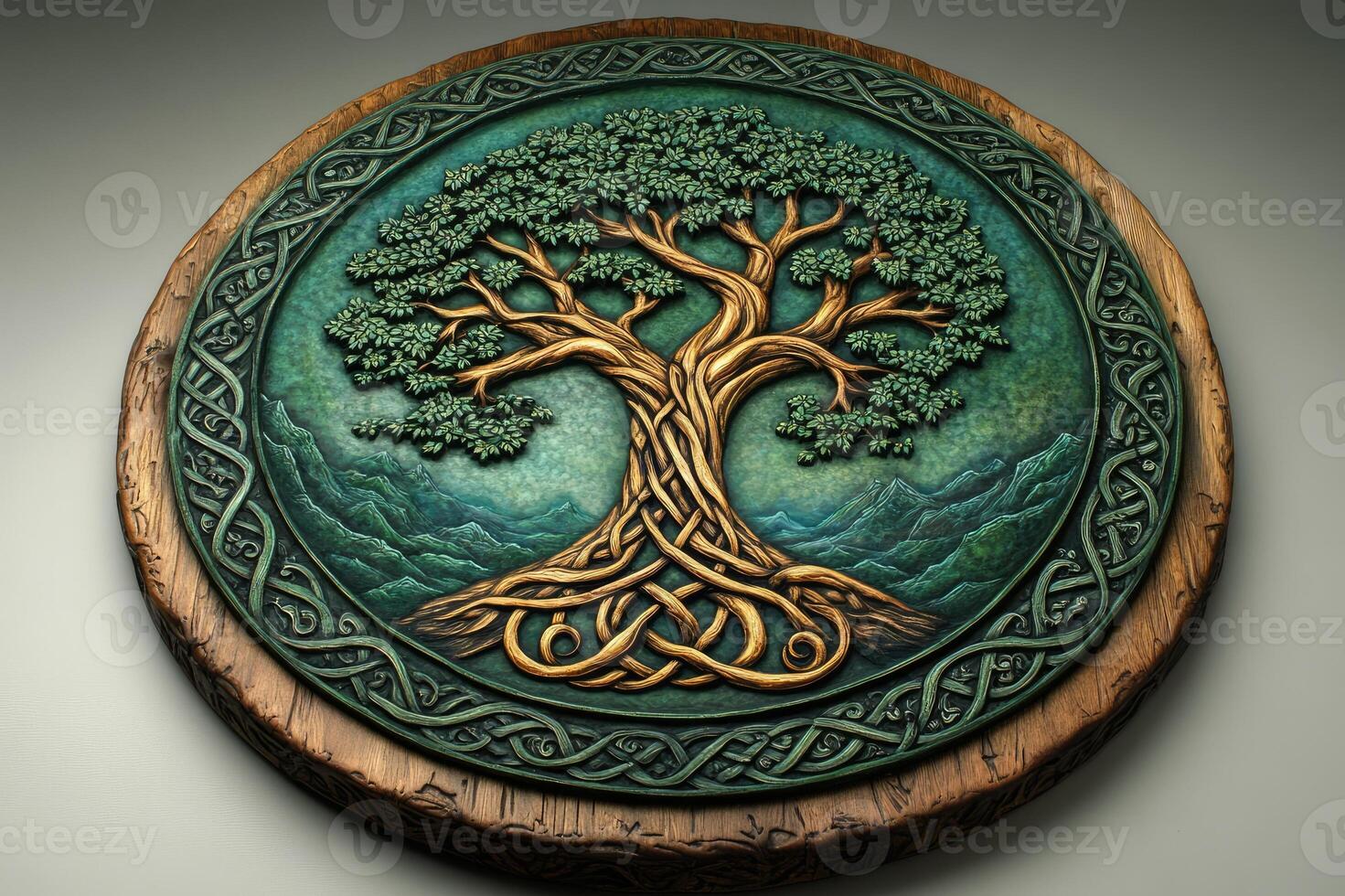 Golden celtic tree of life growing in a magical forest artwork photo