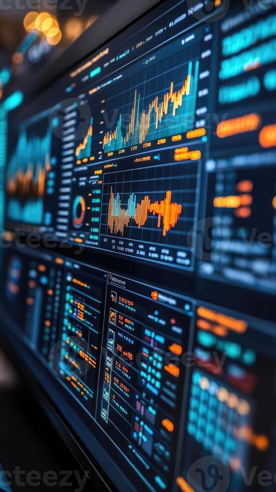Stock market charts showing increasing values on multiple screens in a modern office photo