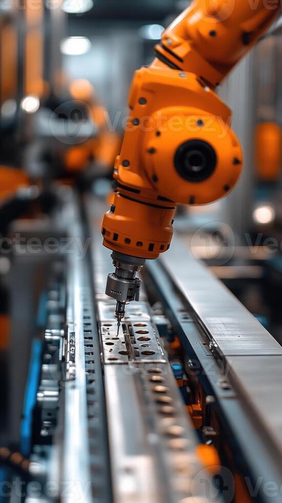 Robotic arm performing automated task on production line in factory photo