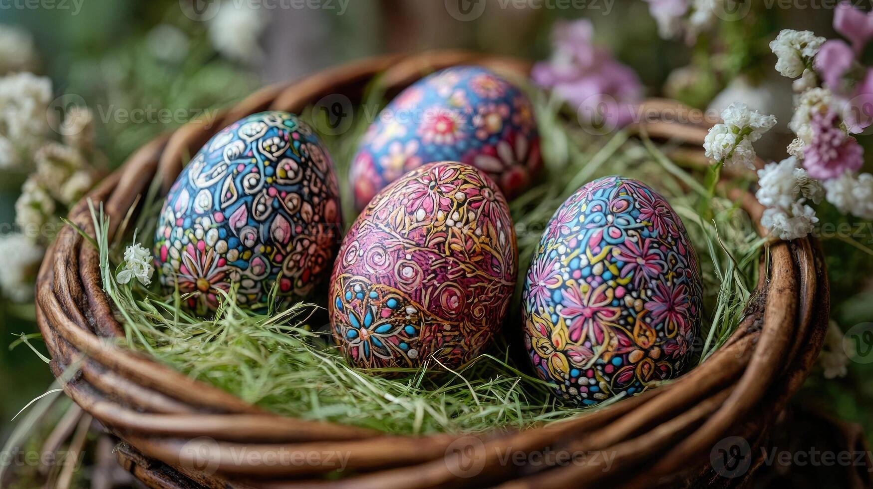 Colorful easter eggs nestling in a basket, celebrating spring with artistic decor photo