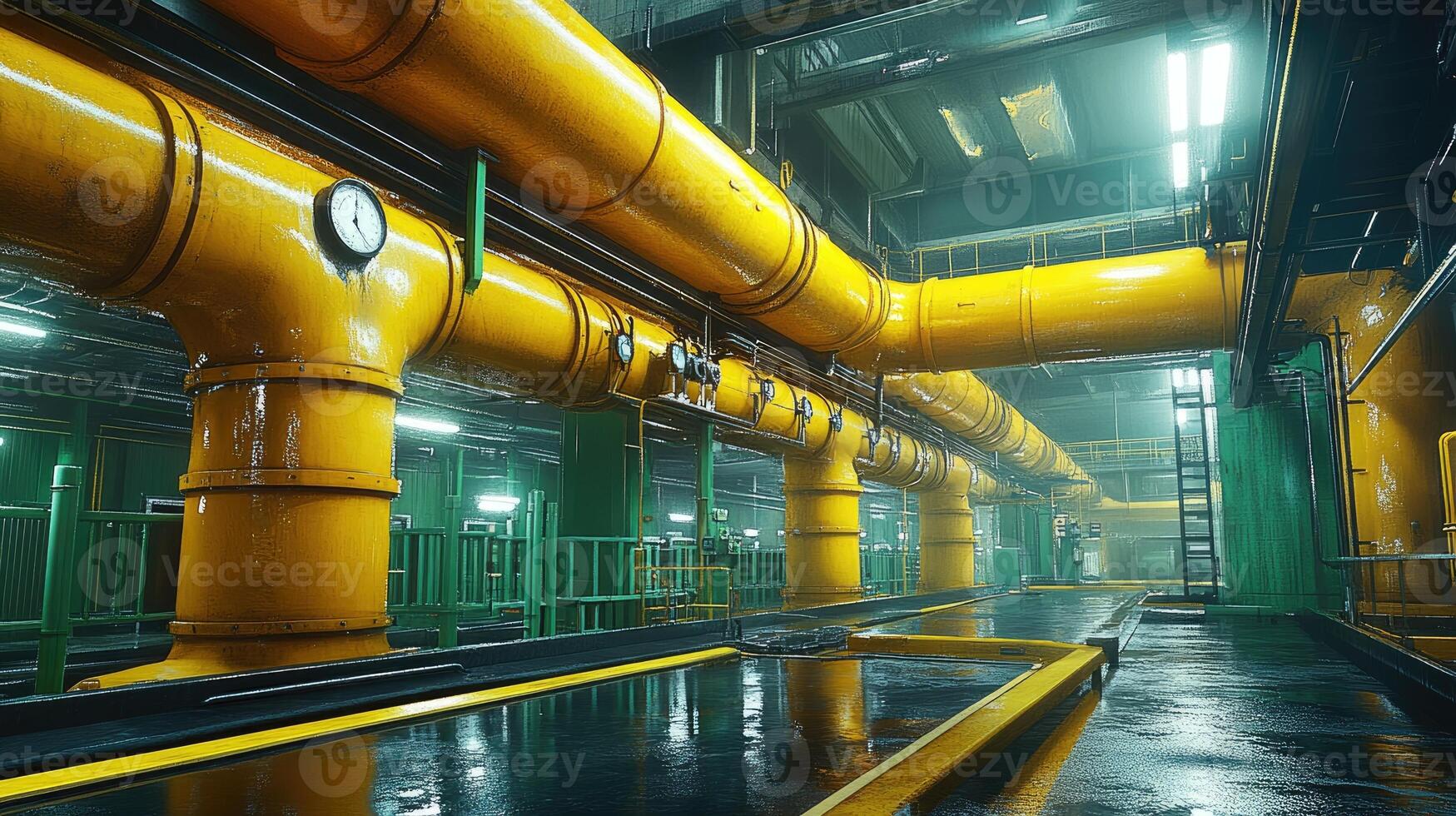 Yellow pipes distributing gas or liquids in industrial plant photo