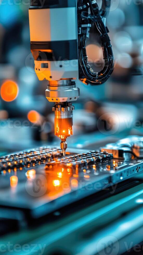 Robotic arm working on circuit board in modern factory photo