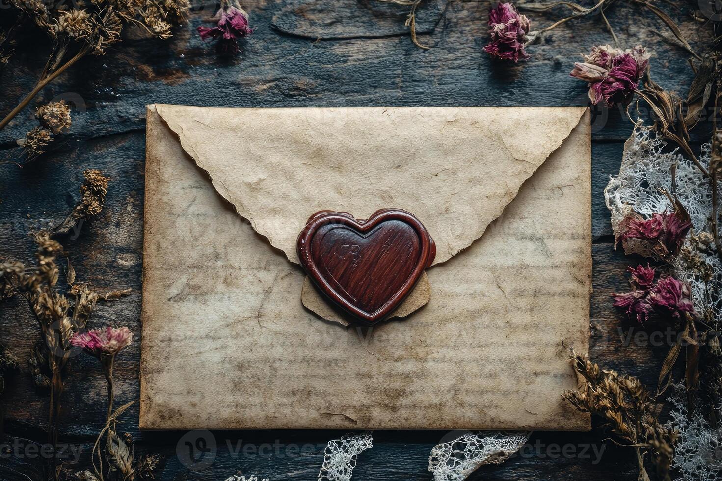 Old envelope sealed with heart-shaped wax on wooden table with dried flowers photo