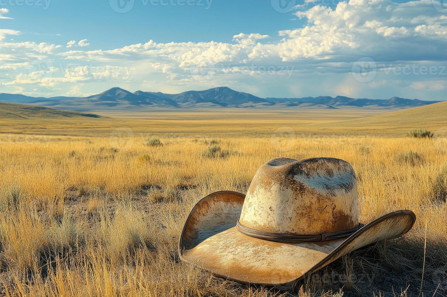 Weathered cowboy hat lying on dry grass in open prairie with mountains photo