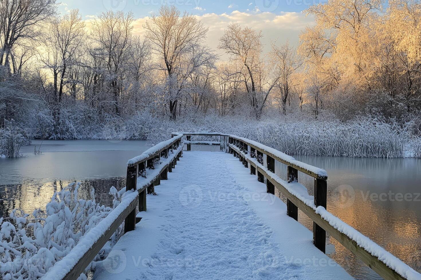 Snow covered wooden bridge over frozen lake in winter landscape photo