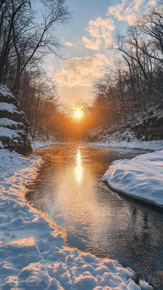 Winter sunset illuminating snowy river banks through trees photo