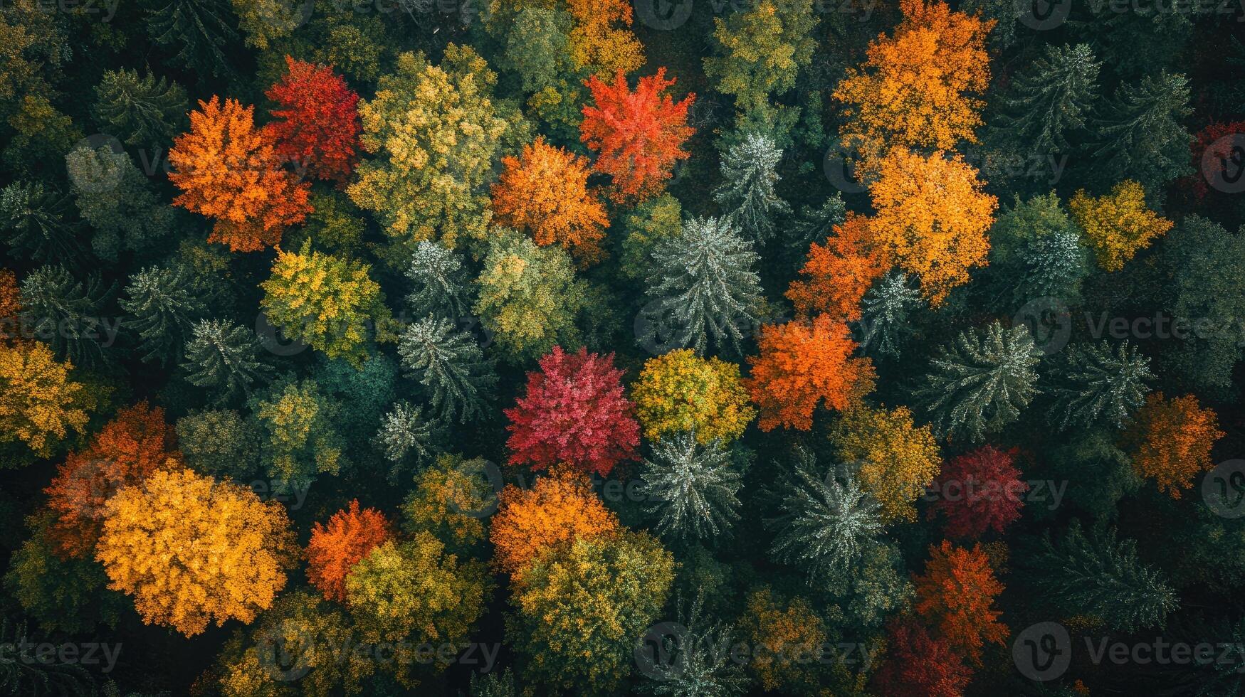 Colorful autumn trees creating stunning canopy in aerial view photo