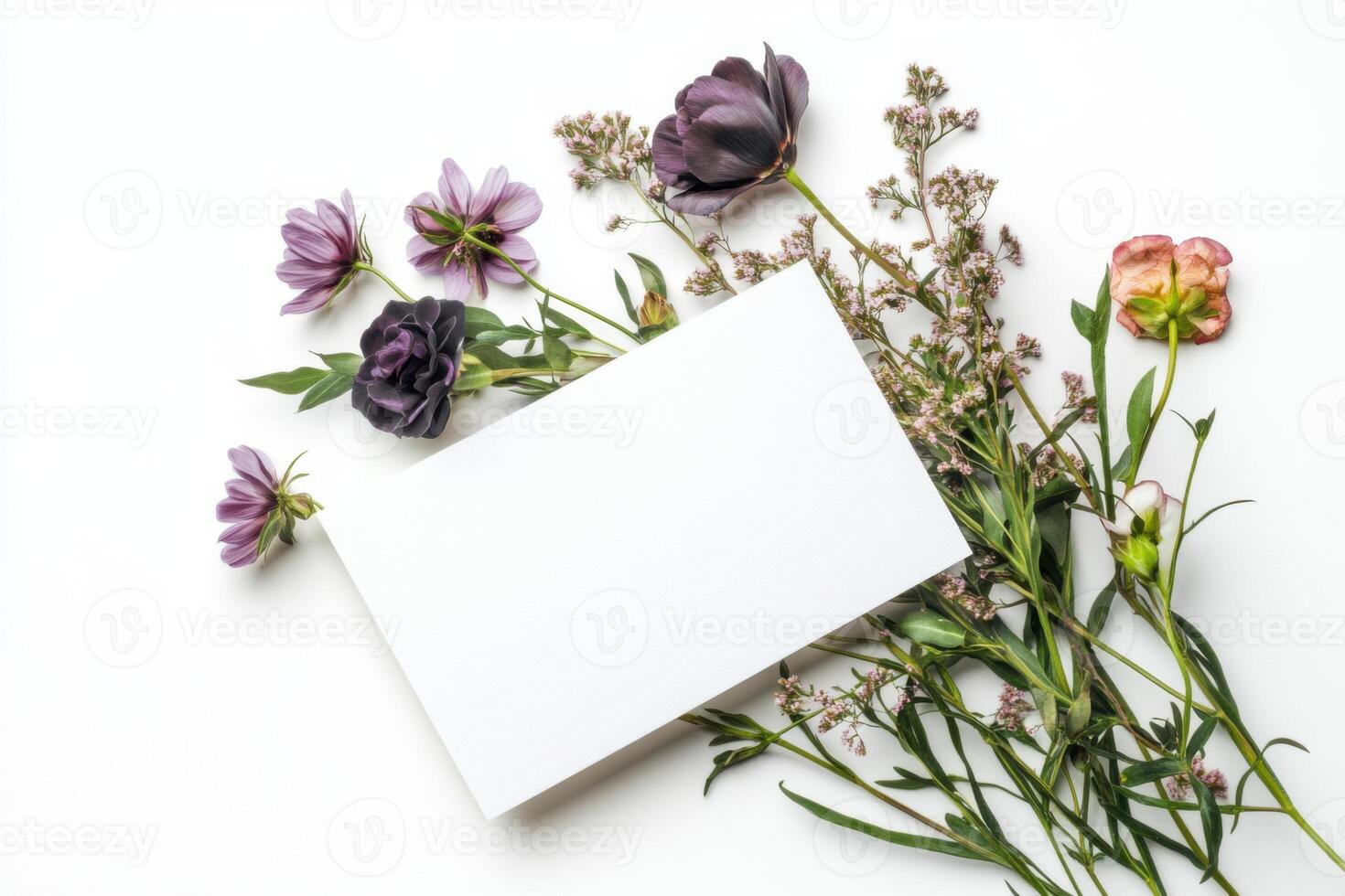 Floral arrangement with blank card on white background for personalized messages and greetings photo