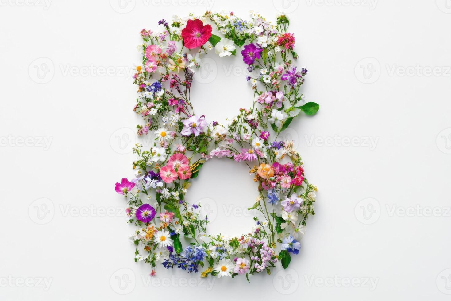Floral arrangement of the letter B created with various colorful flowers on a white background photo