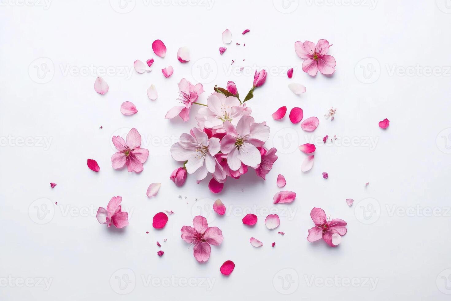 Delicate cherry blossom flowers arranged artfully on a white background with scattered petals photo