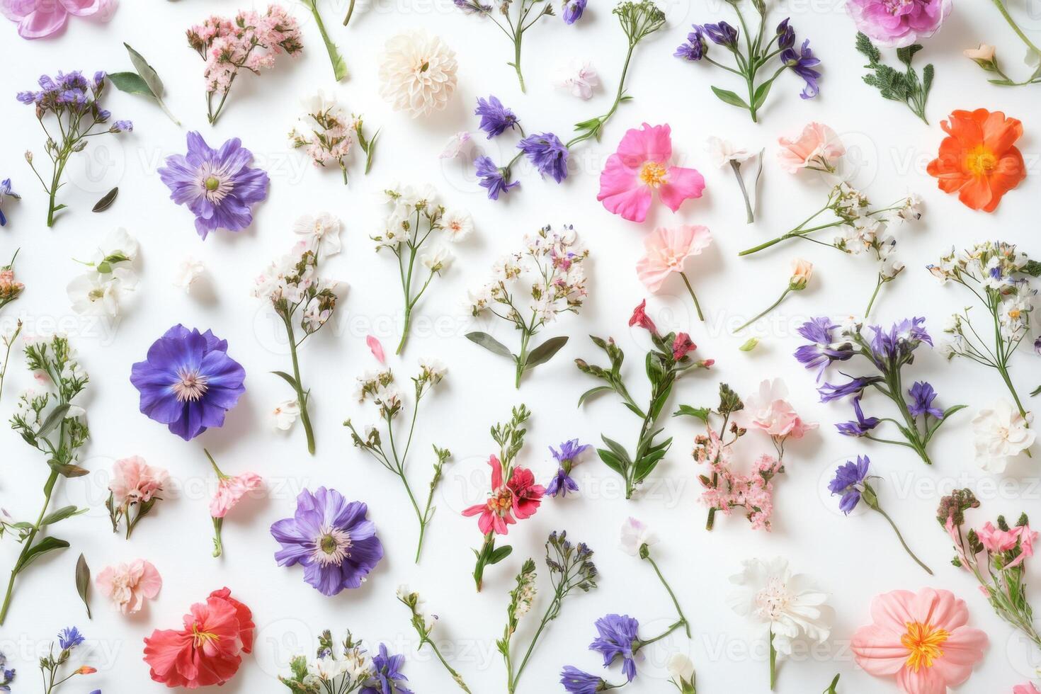 Colorful array of spring flowers beautifully arranged on a white background photo