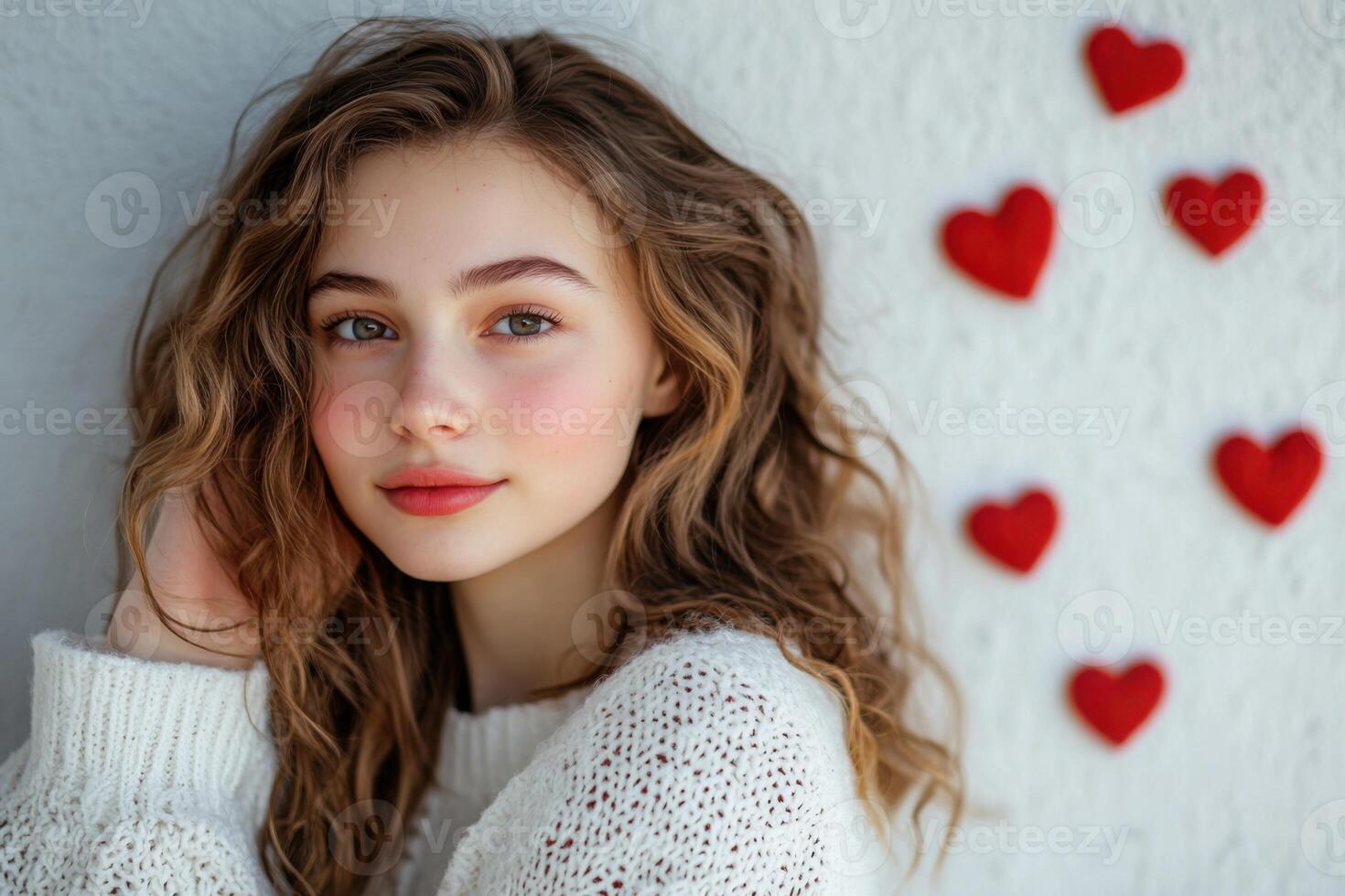 Young woman with curly hair poses against a wall decorated with heart shapes on a soft day photo