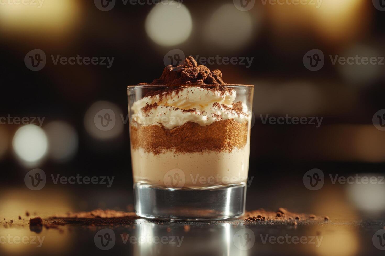 Delicious dessert with layers of cream, coffee, and cocoa presented in a clear glass on a blurred background photo