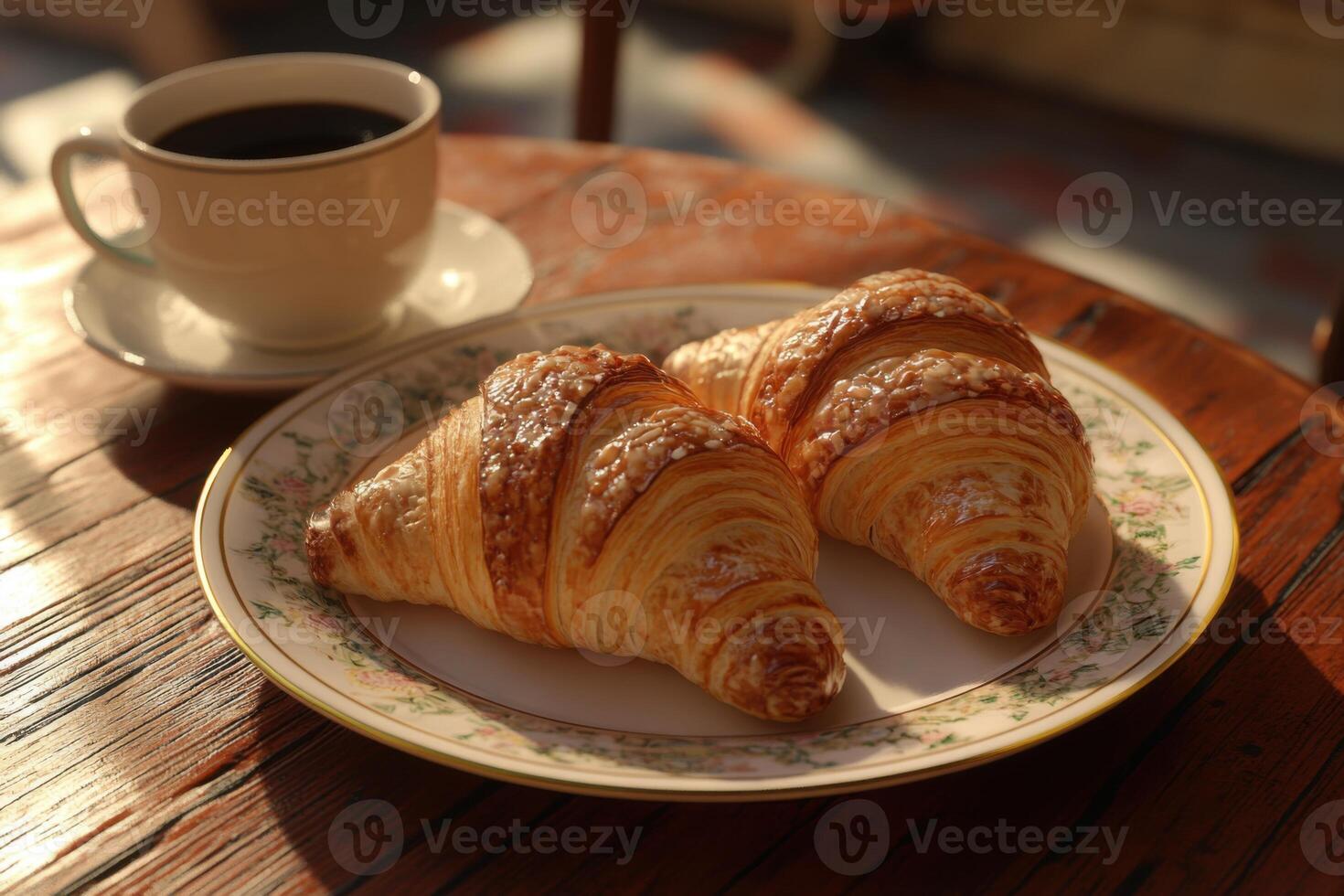 Freshly baked croissants with coffee served on a wooden table in a cozy cafe during the morning photo