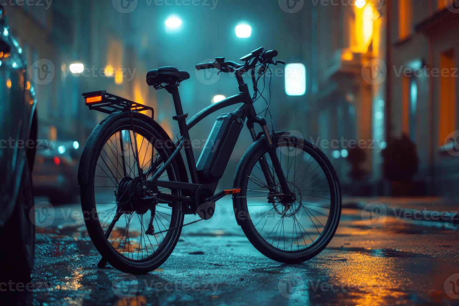 Nighttime city street with an electric bike parked on a wet road reflecting streetlights photo