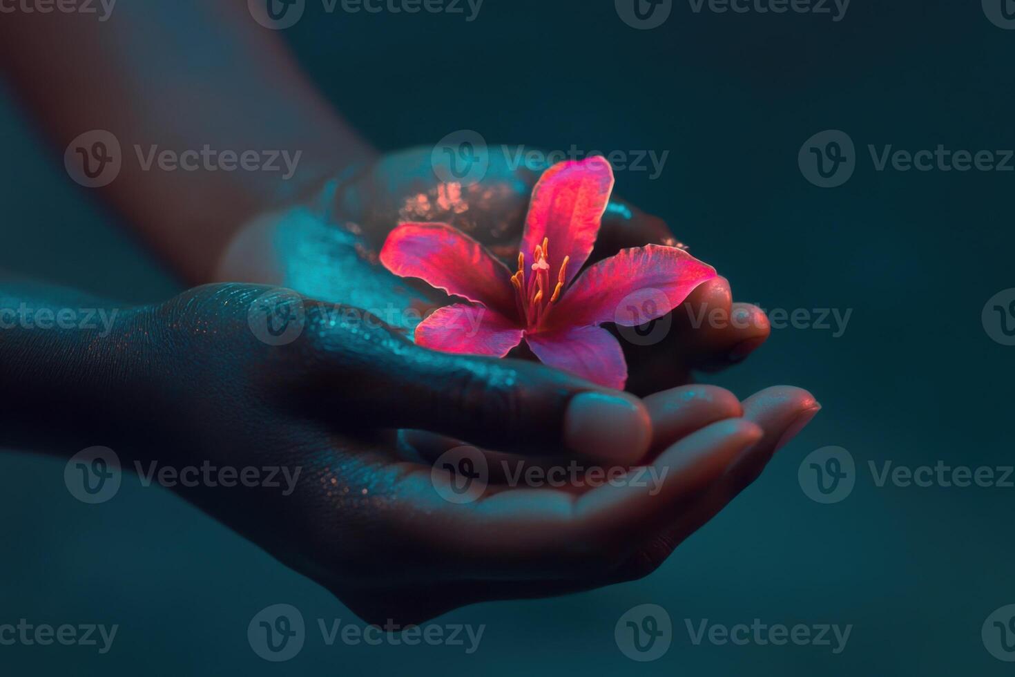 Hands gently holding a vibrant pink flower with water droplets in a serene atmosphere photo
