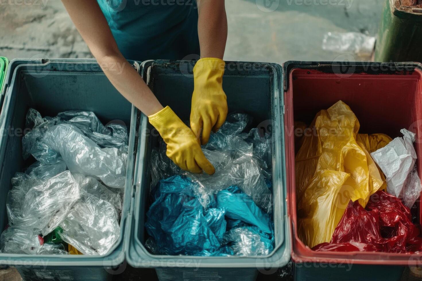 Person sorting plastic waste into colored recycling bins in a community clean-up event during daytime photo