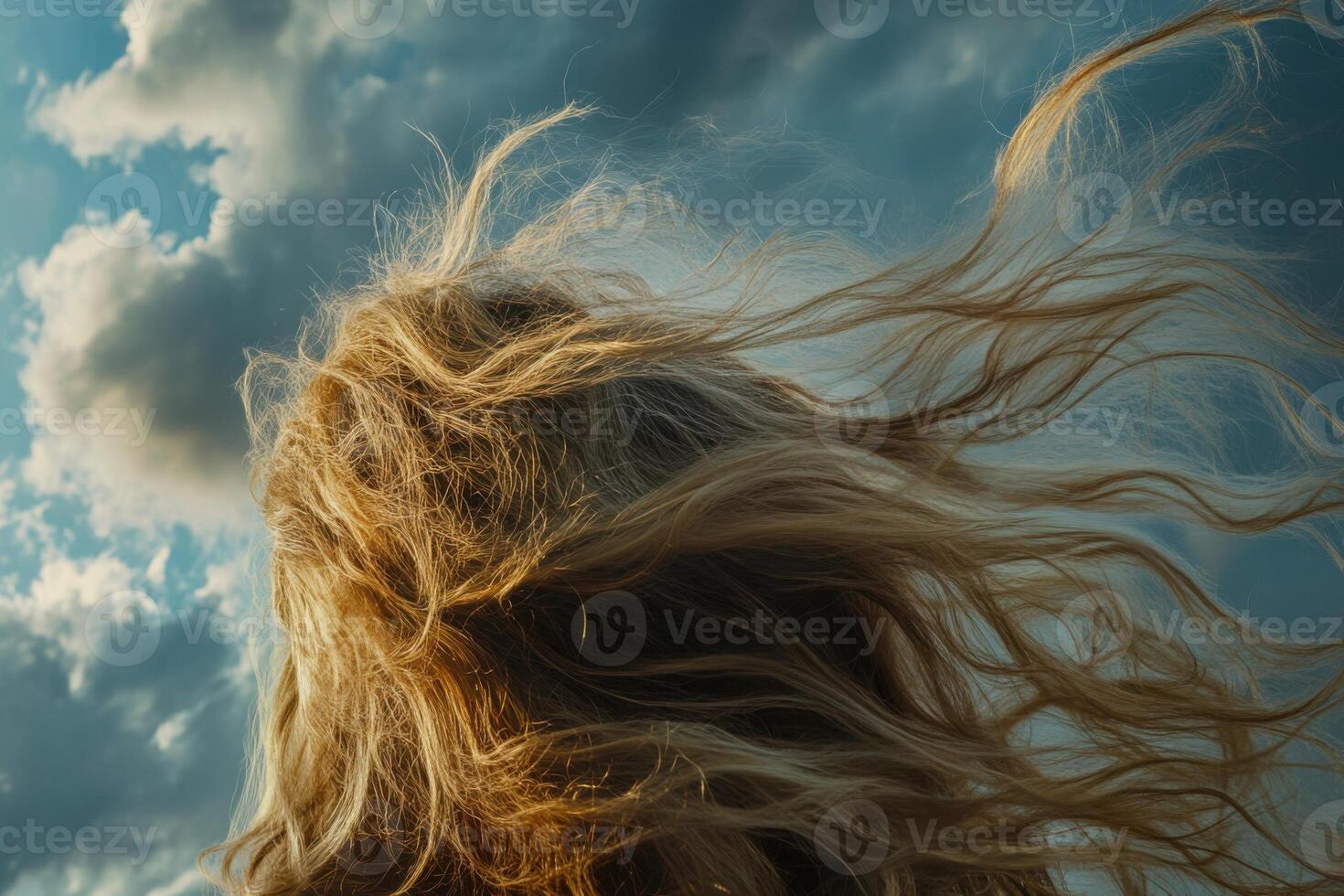 Flowing hair dances in the wind against a dramatic sky in the late afternoon photo