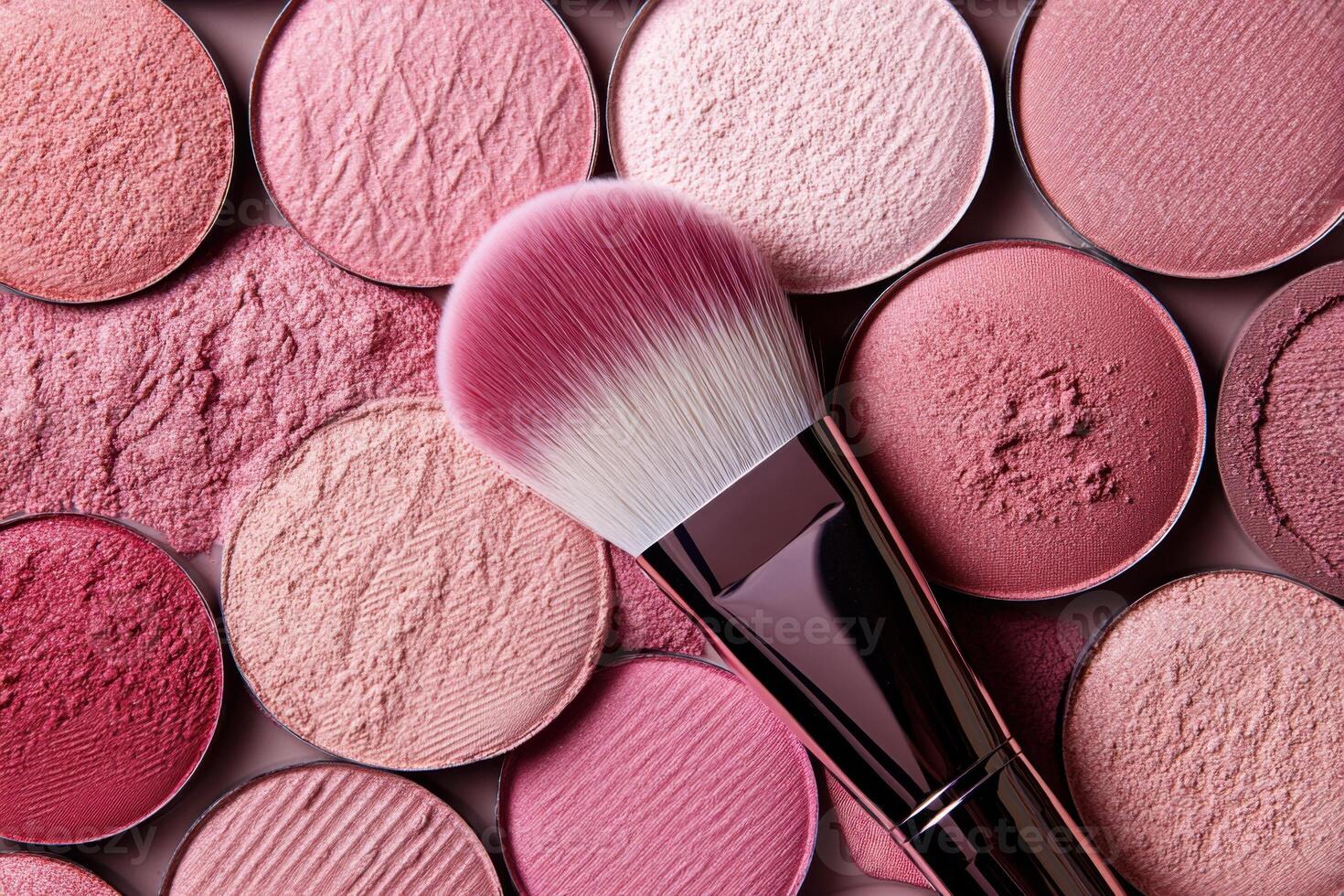 Various shades of blush and a brush arranged artistically on a flat surface for makeup application photo