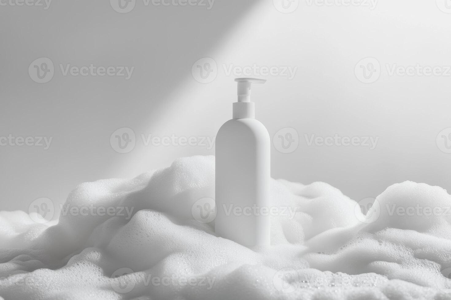 White bottle surrounded by soft bubbles on a gentle surface in a serene, minimalist setting photo