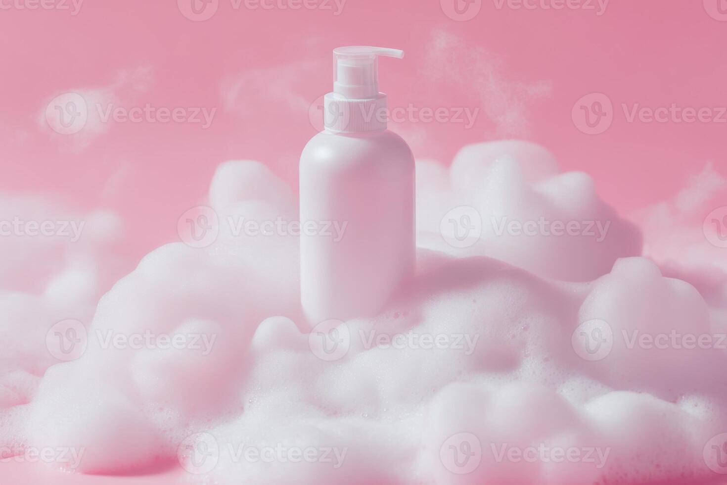 Brandless white lotion bottle surrounded by fluffy pink clouds evokes a soothing and calming atmosphere photo