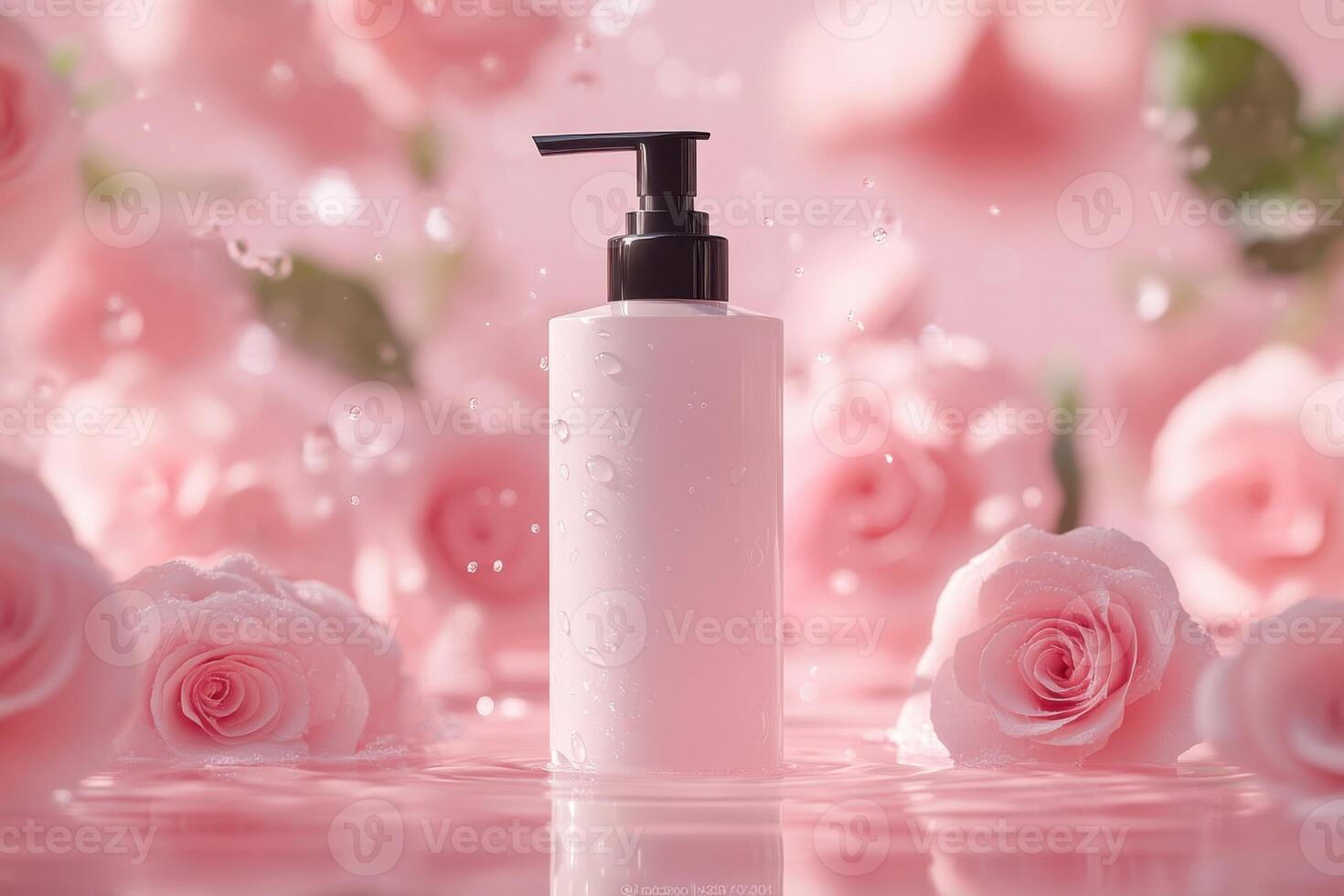 Elegant pink bottle surrounded by fresh roses in a serene setting, showcasing beauty and tranquility at a floral-themed photoshoot photo