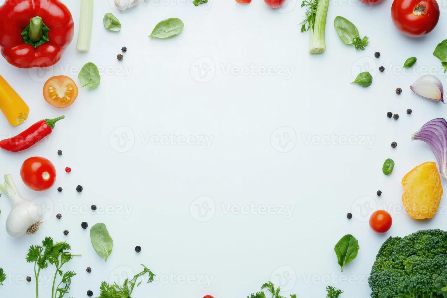 Colorful assortment of fresh vegetables arranged in a circular pattern on a clean white surface photo