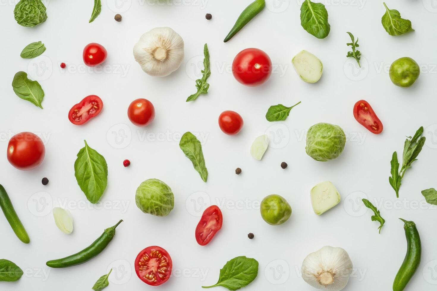 Colorful assortment of fresh vegetables and herbs arranged on a light background for a culinary project photo