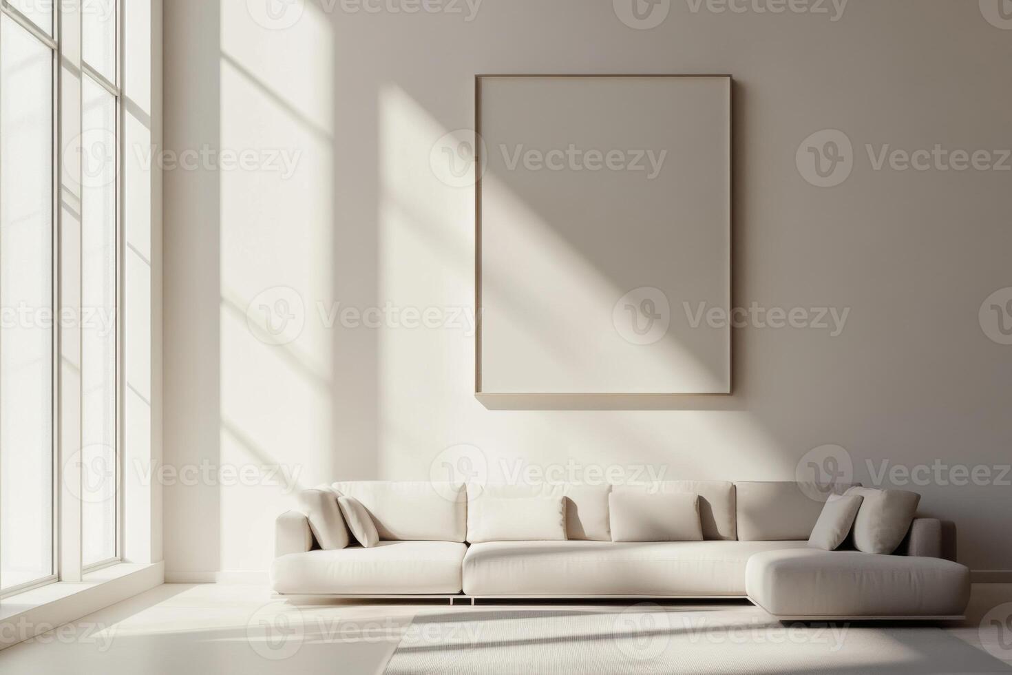 Modern minimalist living room with large windows and neutral color palette for bright and airy ambiance photo