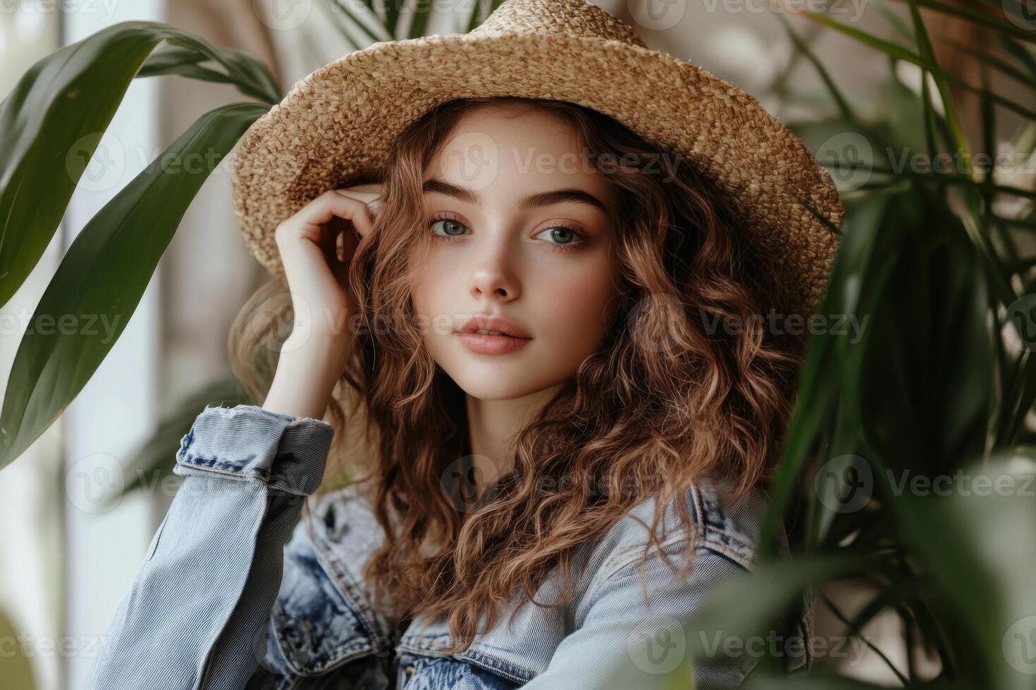 Young woman poses gracefully among indoor plants wearing a stylish straw hat and denim jacket photo