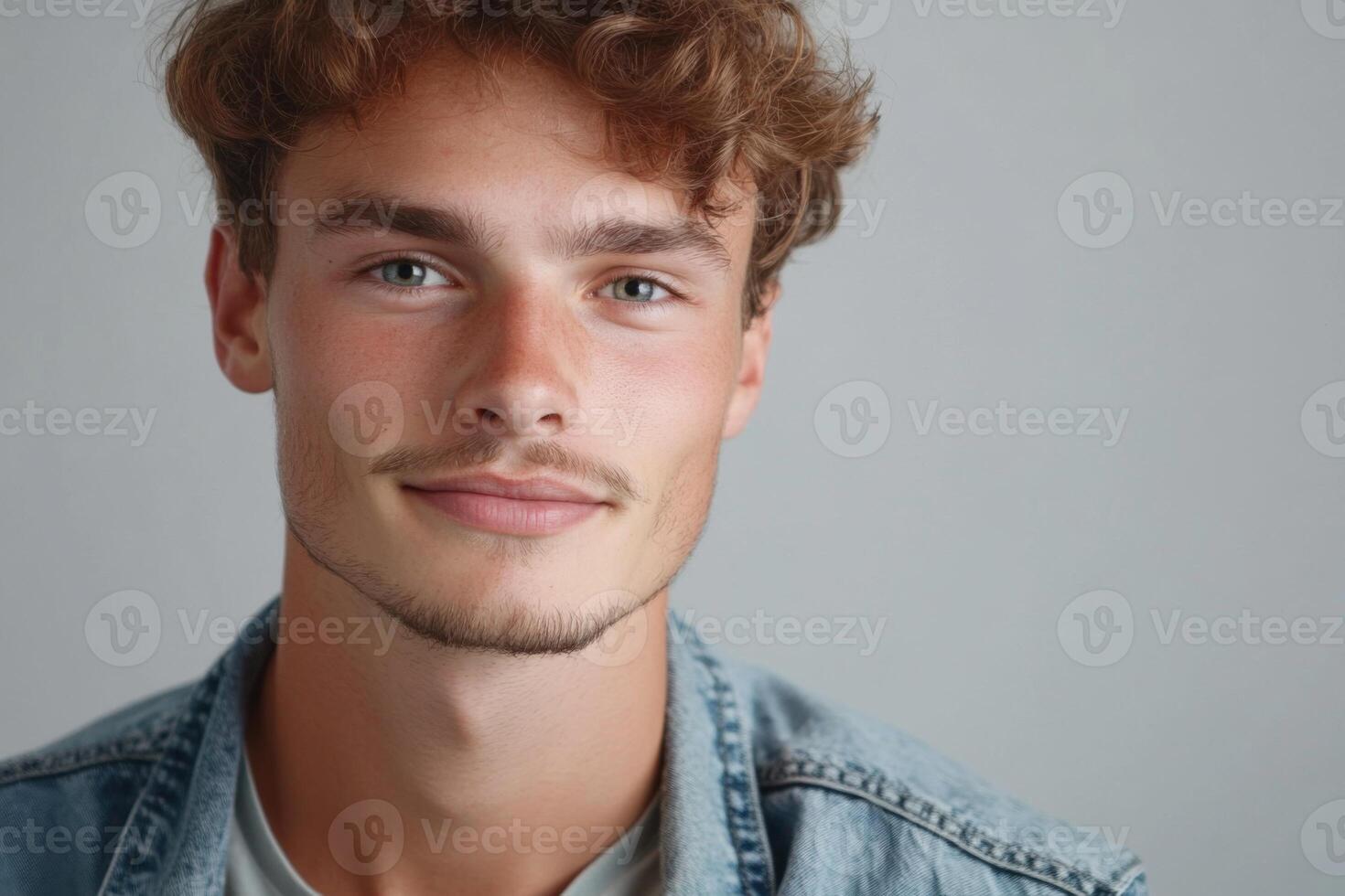Young man with curly hair and denim jacket smiles at the camera in a well-lit indoor setting photo