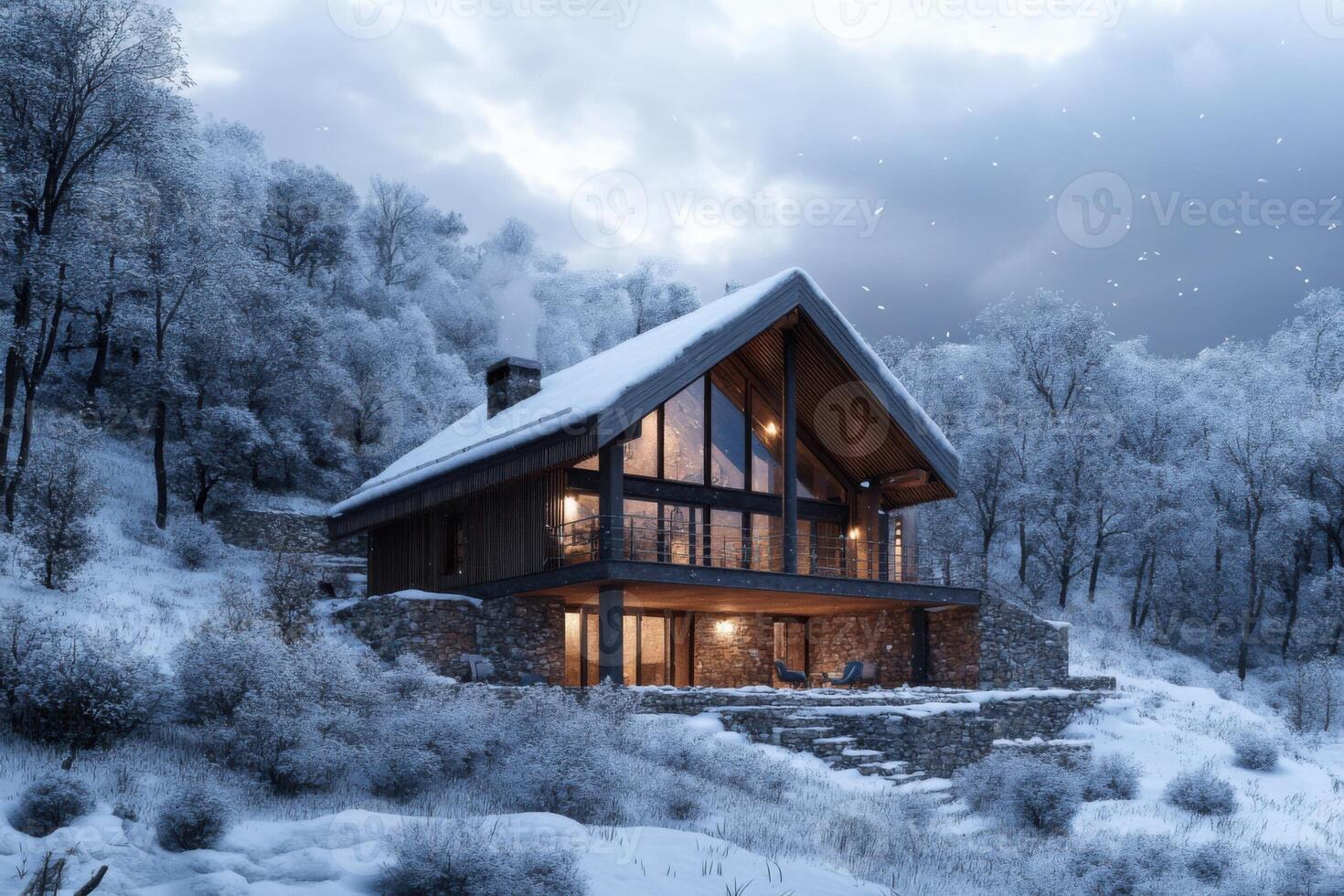 Cozy winter cabin surrounded by snow-covered trees in a serene mountain landscape at dusk photo