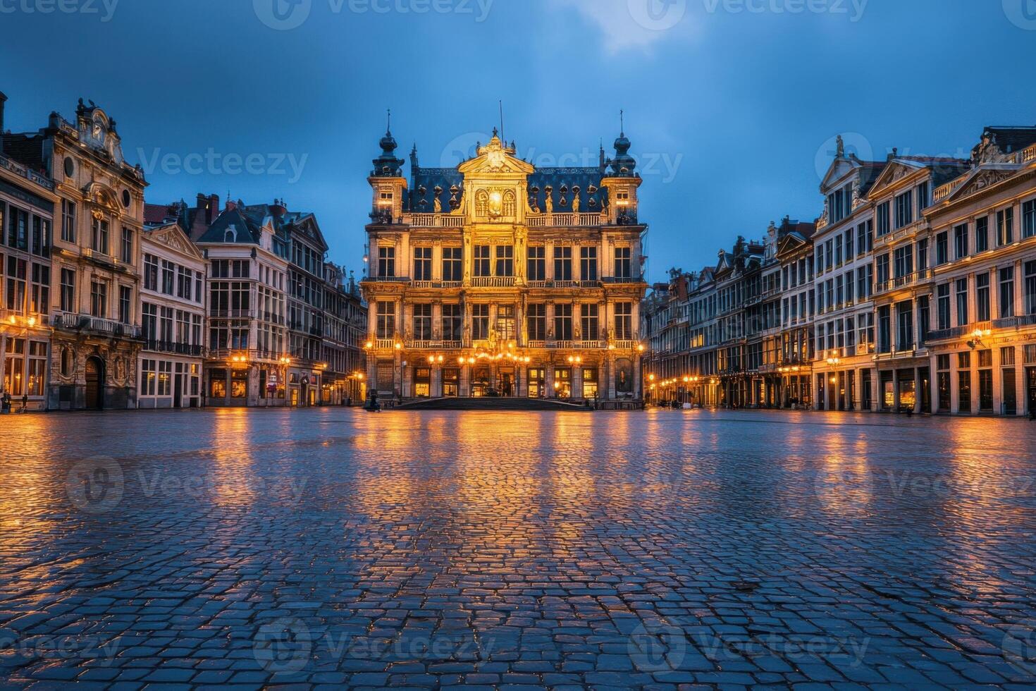 Historic square in Brussels illuminated at twilight with reflections on cobblestone streets photo