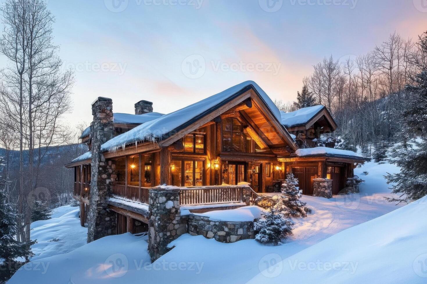 Cozy mountain retreat with warm lights surrounded by snow at dusk photo