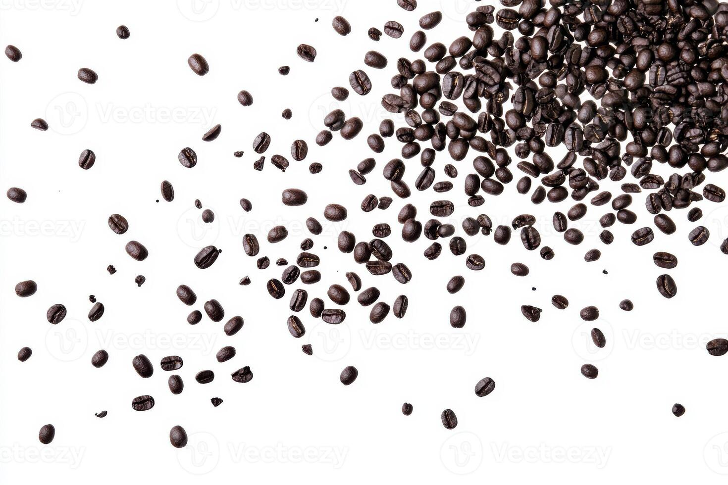 Dark roasted coffee beans scattered on a white surface showcasing rich texture and color photo