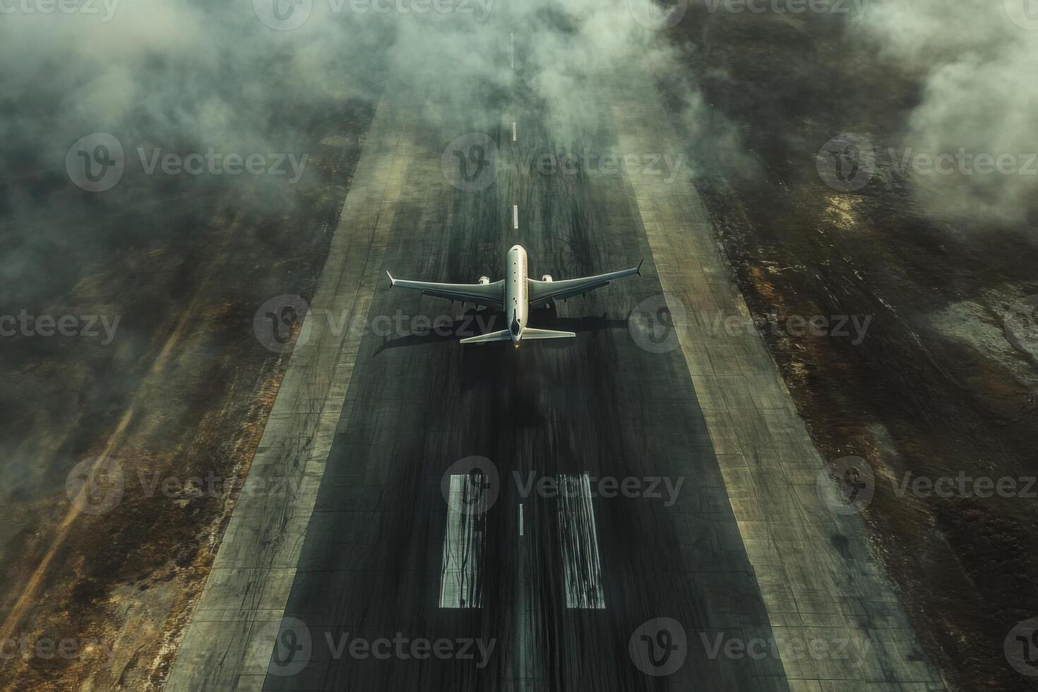 Aircraft taking off on runway surrounded by fog during early morning hours photo