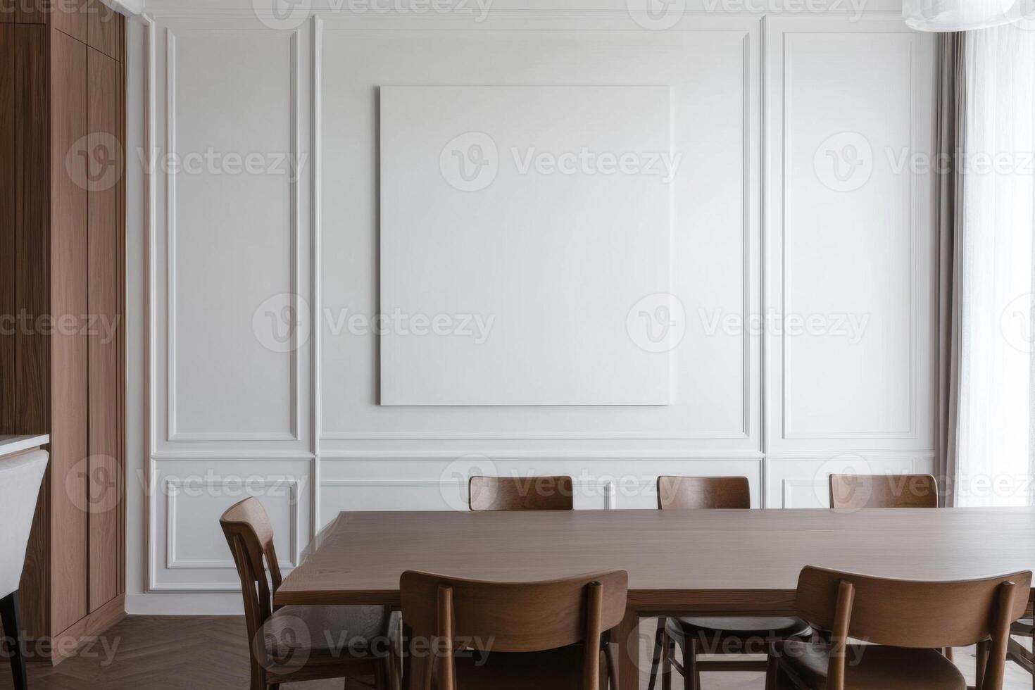 Modern dining room with minimalist design and empty canvas in bright setting photo