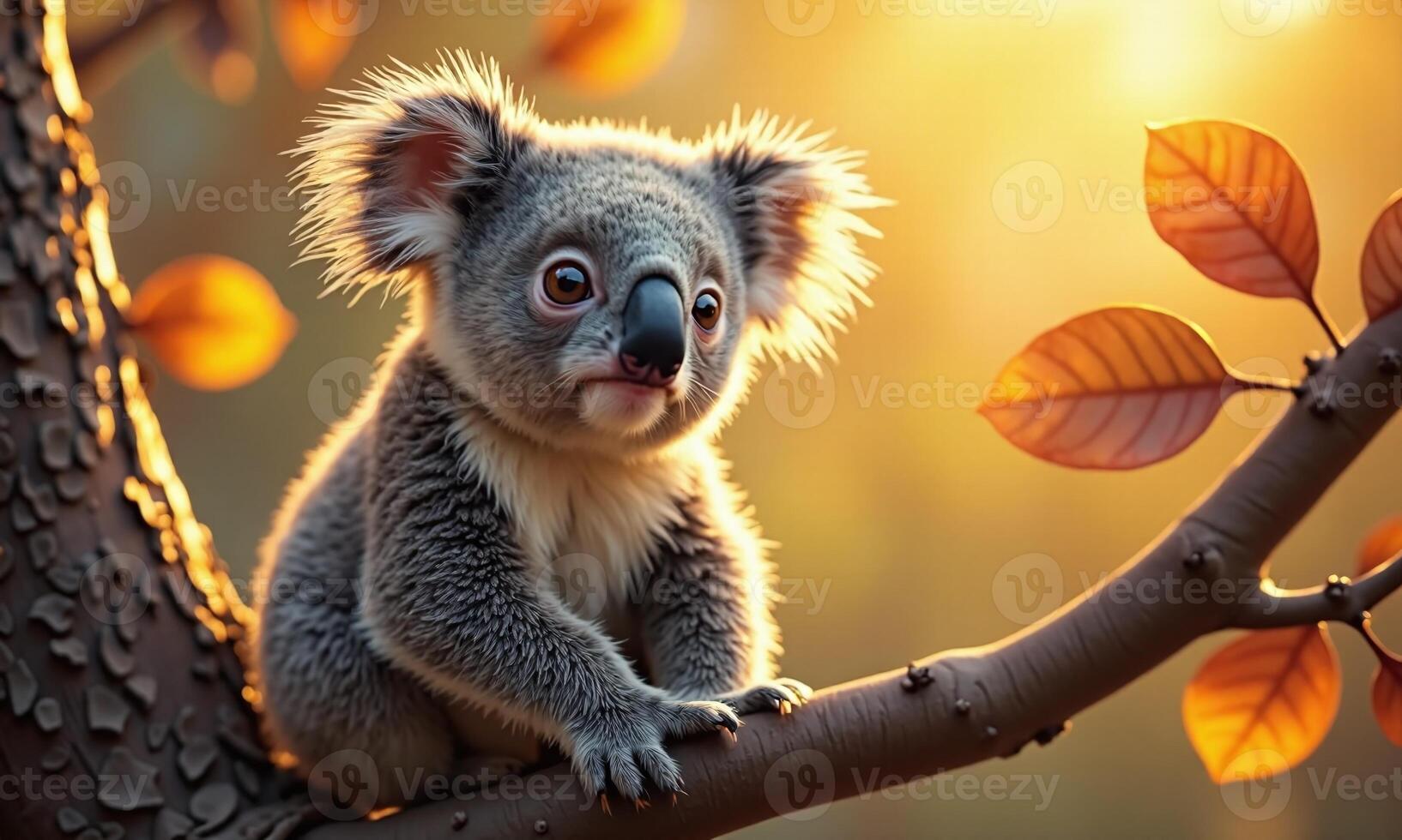 Adorable koala tree branch autumn leaves golden sunlight photo