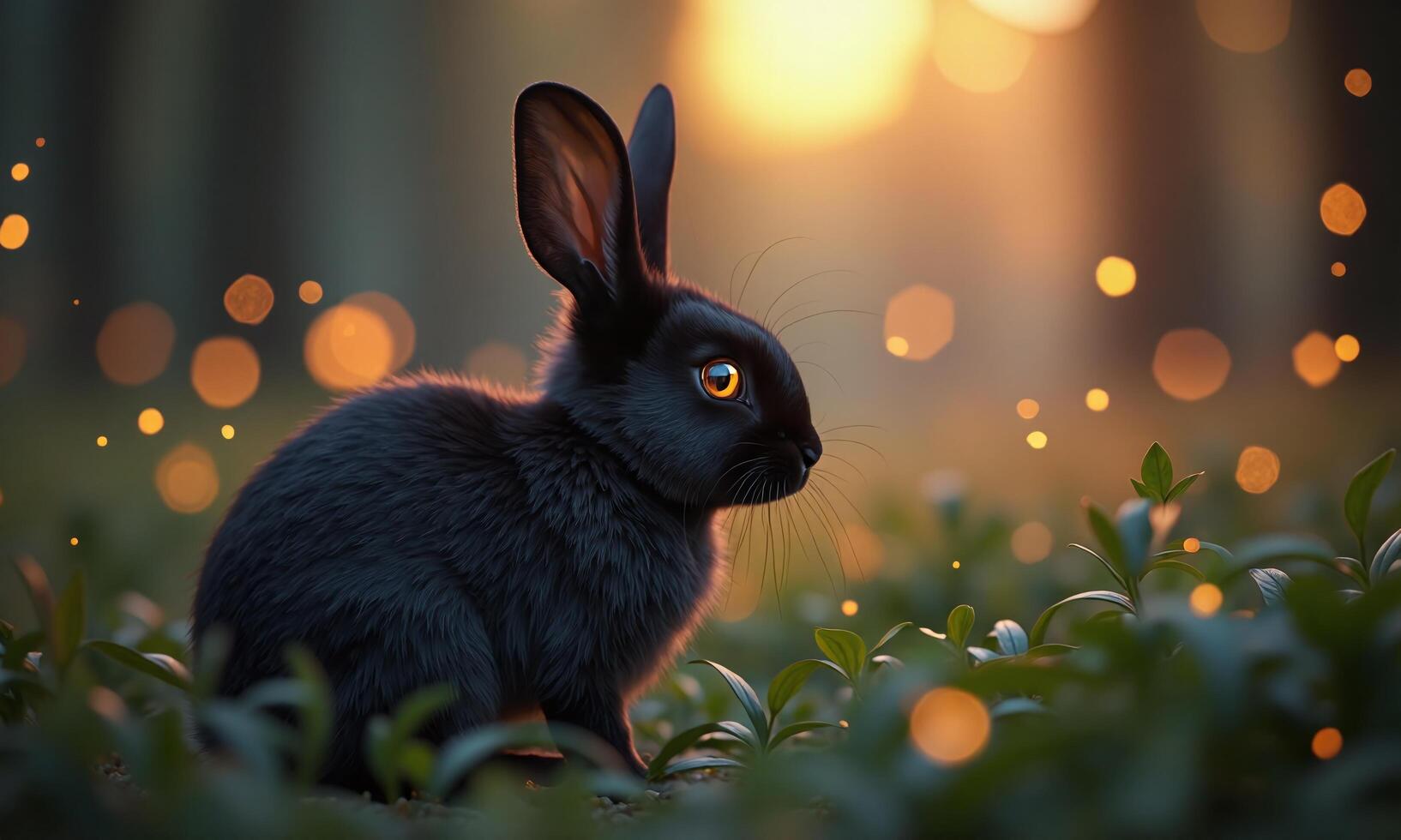 Black rabbit grass bokeh lights magical atmosphere twilight photo
