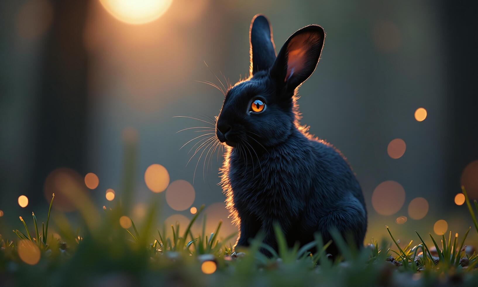 Black rabbit grass bokeh lights magical atmosphere twilight photo