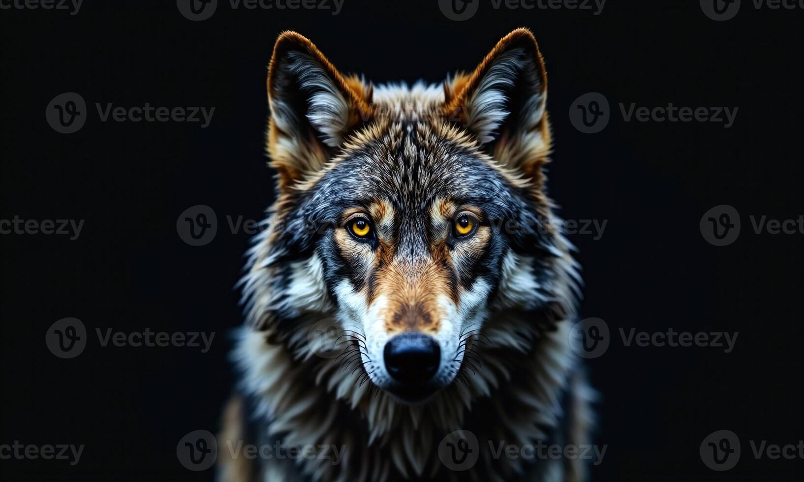 Wolf portrait piercing yellow eyes black background dramatic photo