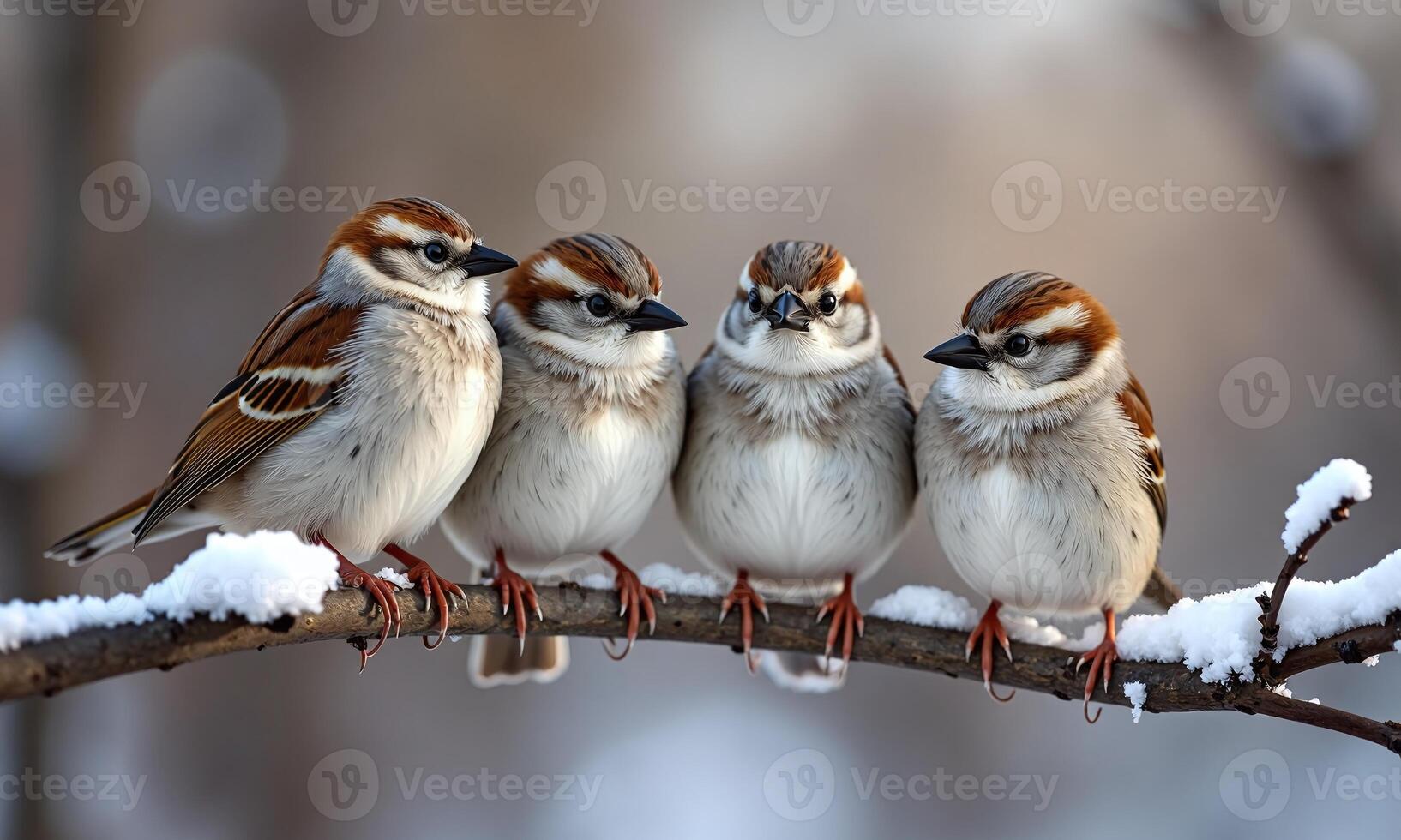 Small sparrows tree branch winter scene soft background photo